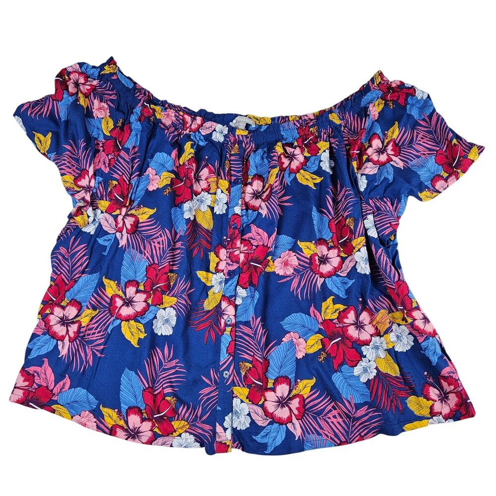 woman within women's blue plus 3XL gypsy shirt stretchy tropical lightweight